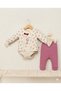 Baby Girl Floral Patterned Cardigan, Teddy Bear Printed Bodysuit and Pink Trousers 3-Piece Set - 2