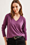 Women's Plum V-Neck Wool Viscose Drapey Blouse BLZ-19002729 - 4
