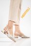 Women's Beige Sequined Stone Short Heeled Comfortable Evening Dress Shoes