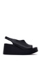 Women's Black Wedge Heeled Leather Comfort Sandals 26Sfd342518