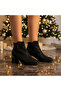 Women's Stone Detailed Zippered Pointed Toe Thick Heeled Boots Black - 6
