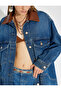 Oversized Long Denim Jacket Faux Leather Collar - 5