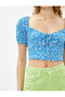 Crop Floral Blouse Square Neck Balloon Sleeves Tie Detail - 5