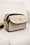 Women's Silvery Straw-Looking Leather Beige-Black Covered 3-Compartment Cross Shoulder Bag with Adjustable Strap Daily Stylish Mini Bag - 3