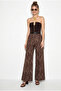 Women's Brown Belted Lycra Shawl Patterned High Waist Wide Leg Trousers 7671 60286220 - 3