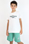 Boy's Shorts Set with Lettering Printed Shorts, Lacing Accessories, Pockets, Ages 8-14, Ecru - 3