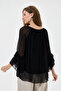 Women's Black Italian Elastic Madonna Collar Ruffle Spanish Sleeve Lined Silk Blouse 38 - 44 Size - 3