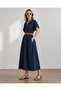 Women's Dark Blue Batwing Sleeve Buttoned Belted Maxi Denim Dress ELB-19002477 - 4