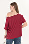 Burgundy Natural Viscose Women's Boat Neck Off-Shoulder Loose Double Sleeve Cotton Soft Textured Basic Blouse - 7