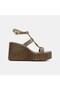 Women's Dark Beige Suede Sandals with Gold Accessories and Wedge Heels - 2