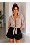 Low-sleeved oversize crop shirt with tie detail, linen blend - 6