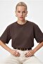 Women's Rise Decorative Collar Tok Texture 100% Cotton Brown T-Shirt