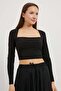 Women's Square Neck Stretchy Long Sleeve Tight Black Crop Blouse - 2