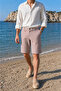Men's White-Burgundy Slim Fit Seersucker Striped Casual Stretch Shorts with Side Pockets - 3