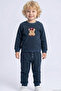 Boy's Tracksuit Set with Cute Hat and Teddy Bear Figure Embroidery, 9 Months-3 Years, Navy Blue Melange