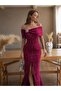 Bordo Stretchy Scuba Fabric Bow Stone Detailed Long Evening Dress583419 - 2