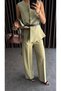 Gold Button Detailed Sleeveless Vest and Pants Set with Belt Accessory - 3