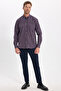 Classic Fit Long Sleeve Plaid Ribbed Collar Buttoned Men's Burgundy Shirt - 2