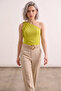 Women's Oil Green One-Shoulder Blouse with Fluorescent Detail and Gathered Sandy Fabric - 5