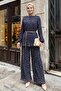 Polka Dot Pleated Chiffon Dark Navy Blue Suit with Loose Trousers