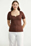 Ribbed Collar Detailed Knitwear T-Shirt - Brown
