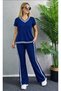 Women's Short Sleeve V-Neck Viscose Two Thread Blouse and Trousers Two-Piece Set