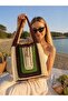 Women's Green-Brown Knitted Handmade Beach and Shoulder Bag-Unlined - 2