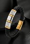 Men's Leather Bracelet with Steel and Gold Color Detail, Braided Design, Stylish Bracelet with Lock