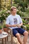 Men's Blue Patterned Crew Neck Buttonless Cotton Summer Short Sleeve Pocket Shorts Pajama Set - 7