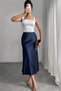 Women's Skirt Navy Blue Satin Skirt with Elastic Waist and Zipper Midi Length Shiny Quality Satin Fabric - 5