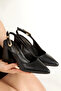 Black Leather, Pointed Toe, Open Back, Large Buckle, 9cm Covered Heel, New Season - 3