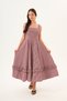 Burgundy Gingham Square Neck Midi Dress with Ruffle Detail at the Hem