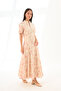 Beige with Powder Floral Pattern, High Collar, Zippered, Princess Stitched Maxi Dress