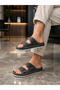 Men's Gray Double Buckle White Stitched Anatomical Smoked Leather Casual Slippers - 2
