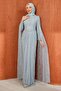 Baby Blue Gathered Front Stoned Lace Evening Dress - 3
