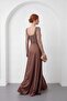 Women's Brown Long Sleeve Stoned Satin Evening Dress with Tail Accessories - 6