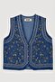 Blue Women's V-Neck Floral Embroidered Buttoned Denim Vest - 7