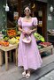 Women's Pink Square Collar Balloon Sleeve Lined Brode Woven Dress - 2