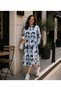 Women's Leaf Patterned Cotton Linen Wooden Buttoned High Neck Long Sleeve Summer Tunic Dress - 5
