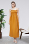 Cotton Long Summer Women's Dress with Shoulder Straps and Gathered Details - 4