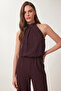 Halter Neck Blouse Pants Crinkle Set Lfw0027 Mürdüm - 2