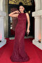 Full Beaded Fabric Halter Neck Evening Dress - Bordo - 2