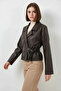 Women's Classic Collar Belted Double Button Brown Jacket - 4