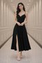 Women's Slit Detail Double Breasted Collar Strap Pleated Flounce Midi Length Evening Dress