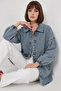 Women's Shirt Collar Balloon Sleeve Buttoned Cotton Blue Jacket