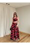 Red Floral Patterned Crop Blouse Skirt Set - 7273
