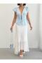Crep Women's Lace Detailed Tie-Up Cotton Blouse Flounce Sleeve V-Neck Blouse Blue - 3
