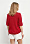 Women's Burgundy V-Neck Mercerized Bat Draped Knitwear Blouse Blz-19003210 - 6