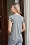 Women's Silky Textured Flexible Modal Fabric V-Neck Buttoned Sleeves Flounce Blouse-Khaki - 3