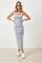Women's Light Blue Stitching Detailed Slit Lycra Midi Denim Dress Elb-19002405 - 3
